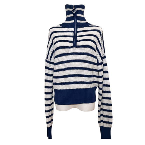 Pink Rose Blue White Striped Funnel Zip Collar Sweater Large Preppy Nautical - Picture 3 of 8